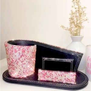 Desktop pen and business card holder. Pink rhinestone bling.